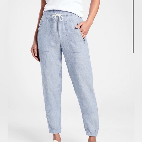 Athleta Cabo Linen Jogger Pants Chambray Blue Size 8 100% Linen Zip Pockets - Picture 1 of 14